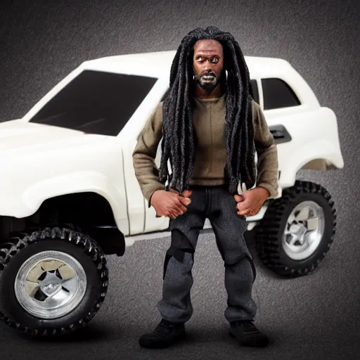 Image similar to black man action figure with dreads standing on top of a black rc pickup truck, close up photograph, white background