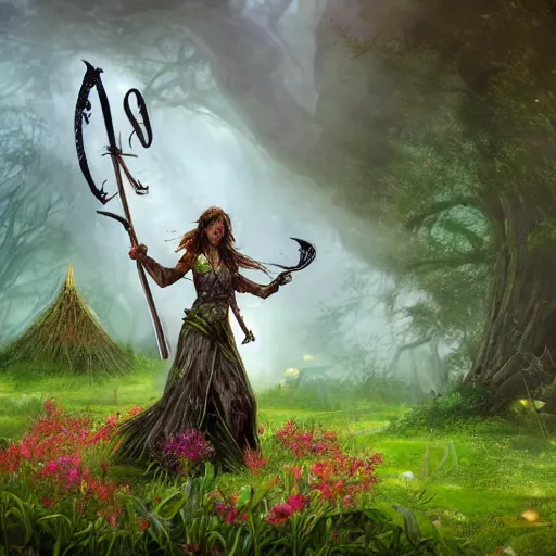 Prompt: a scythe teeming with nature magic energy, and bits of vines and flowers. In the background, a druid is wielding the scythe. fantasy, art, photorealistic, depth of field, backlighting