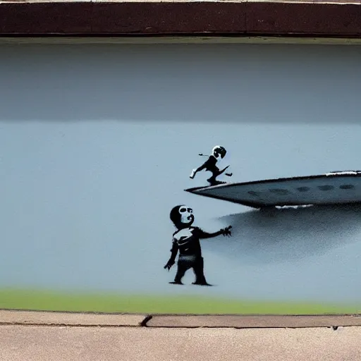 Prompt: a surfing baby painted by banksy