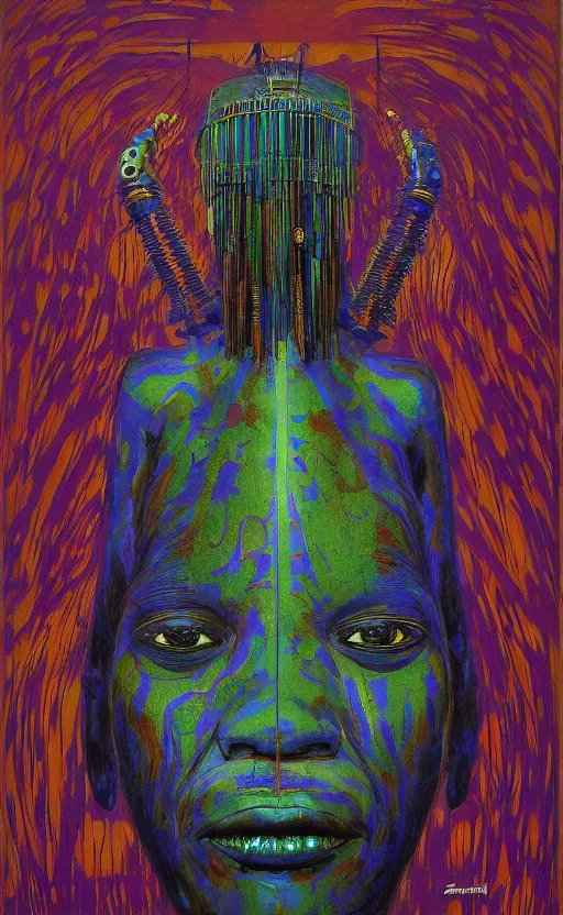 Image similar to portrait of mecha african tribal chief, insibidi symbols, symmetrical, dramatic lighting, colourful, art by zdzislaw beksinski,