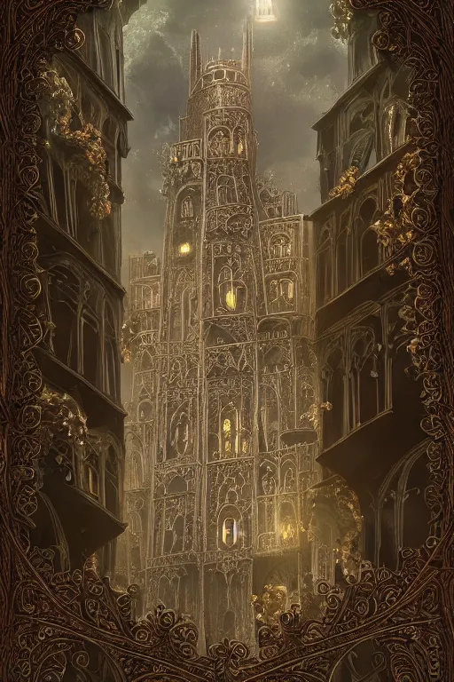 Image similar to ancient silver tower of the cat, fairytale illustration, elaborate carved latticed balconies, tall windows, moorish architecture, paid placement, SEO, formal gardens, dramatic cinematic lighting, beautiful moths, soft colors, golden age illustrator, unreal engine