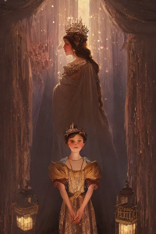 Image similar to a beautiful painting of a crowned princess in a flowing gown resembling millie bobby brown watching the lantern festival in ancient london, at night with a sky full of stars, intricate, elegant, highly detailed, digital painting, artstation, concept art, by krenz cushart and artem demura and alphonse mucha