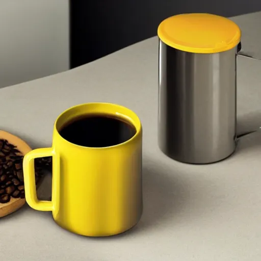 Image similar to yellow coffee mug is made of aluminium, steamy coffee on mug, mug looks similar to a rimowa portmanteau with handle