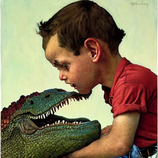 Image similar to a Norman Rockwell painting of a boy and his dinosaur