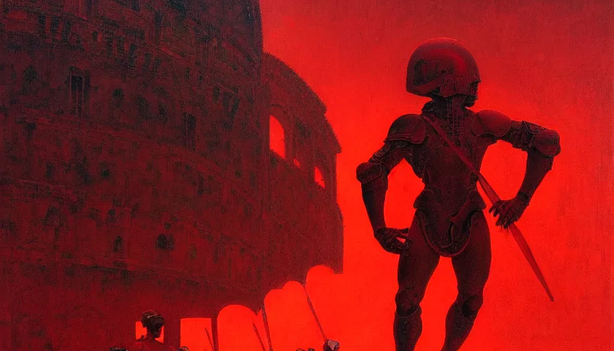 Image similar to only with red, a lightly armored gladiator in a crowded roman amphitheatre, crowd cheering, in the style of beksinski and edward hopper and rodcenko and yue minjun and cory loftis, intricate and epic composition, red by caravaggio, highly detailed, masterpiece, red light, artstation, art nouveau