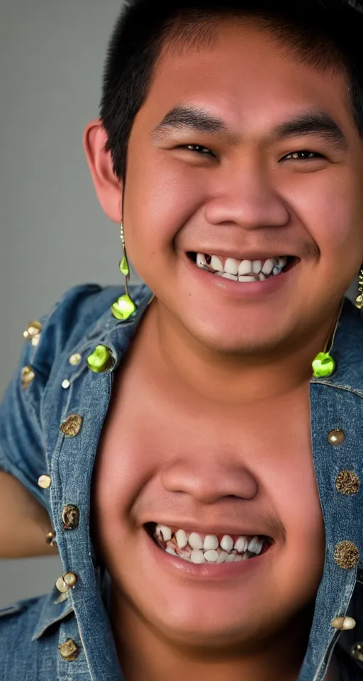 Image similar to close up photograph of a single fat filipino teenage boy smiling with crooked teeth, with a curly perm, and with small studded earings, 4 k, photorealistic, high detail by annie leibovitz