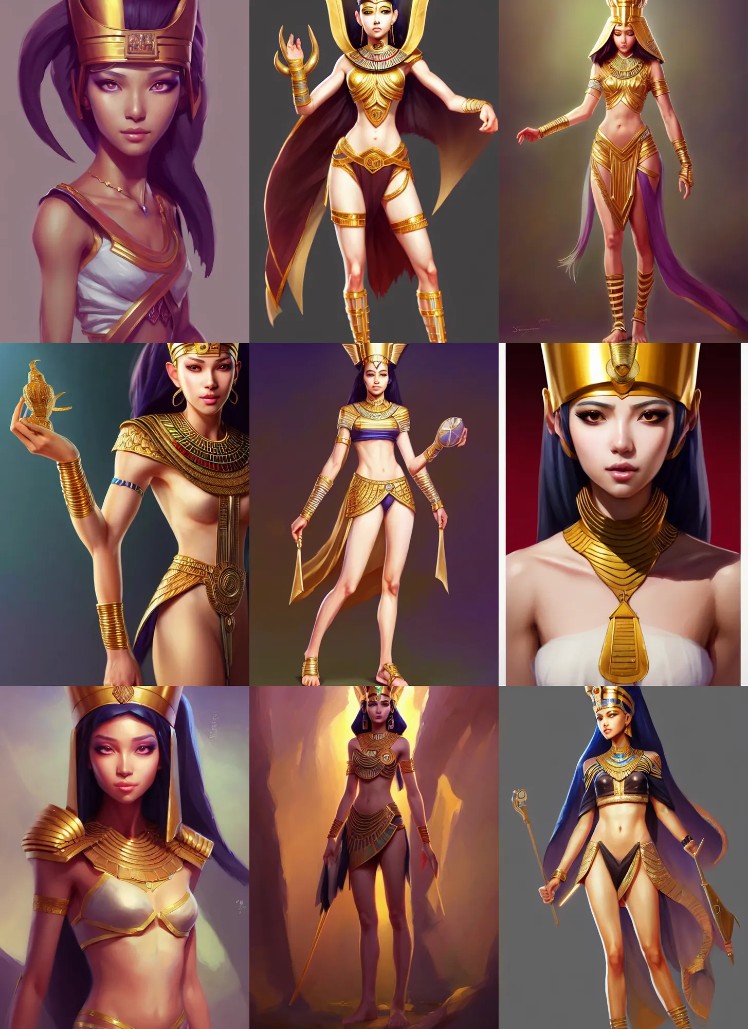 Prompt: full body character concept art of a gorgeous young female pharaoh | | cute - fine - face, pretty face, realistic shaded perfect face, fine details by stanley artgerm lau, wlop, rossdraws, james jean, andrei riabovitchev, marc simonetti, and sakimichan, seoul, south korea, trending on artstation