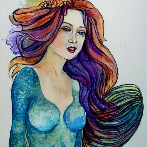 Prompt: detailed portrait of a beautiful mermaid, with long hair watercolor,