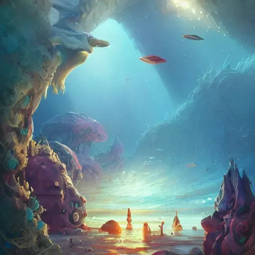 Prompt: Astronauts and some mythical animals are swimming under a sea, this is an extravagant planet with wacky wildlife, the background is full of ancient ruins, by Jordan Grimmer digital art, trending on Artstation,