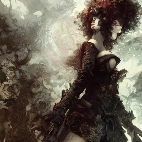 Image similar to christina hendricks!!! goth, tankoban, 4 k, tone mapping, akihiko yoshida, james jean andrei riabovitchev marc simonetti, yoshitaka amano, long hair, curly, h. hydrochaeri