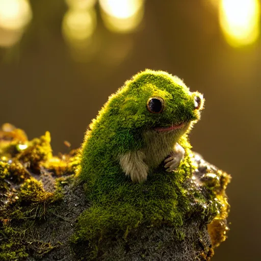 Image similar to a tiny cute mossy forest creature by bobby chiu, at sunset, macro photography, goro fujita