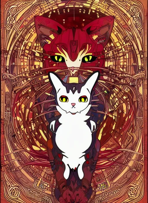 Prompt: cyber cat character design on white background, drawn by studio ghibli, alphonso mucha, lolish, trending on artstation colours red and gold