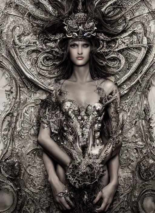 Image similar to a portrait of female model by stefan geselle and nekro borja, photorealistic, intricate details, hyper realistic, fantasy, elegant, ornate metal headpiece, photorealistic, canon r 3, photography, wide shot, symmetrical features, wide angle shot, perfect body, standing pose, feet on the ground