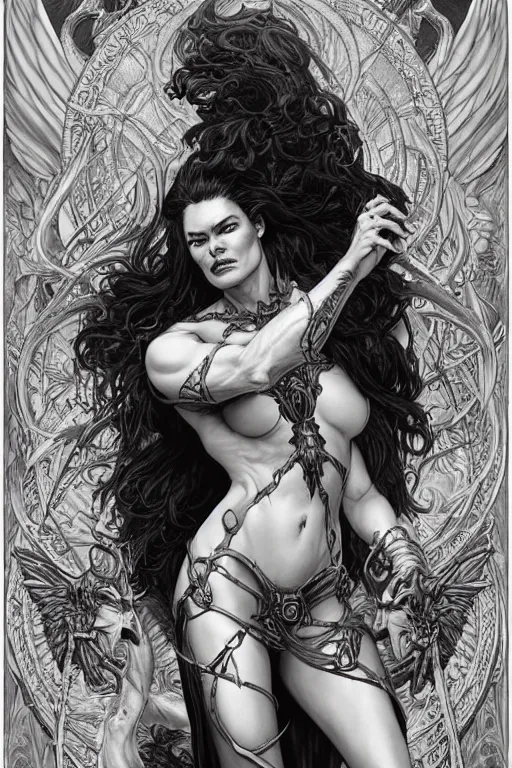 Prompt: lena headey as a demoness, detailed full body portrait by james gurney and artgerm and Mucha and rutkowski, amazing detail, intricate, stunning inking lines, 4K, character design, fantasy, trending on artstation