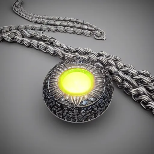 Image similar to 3 d silver beserk behelit pendant with glowing eyes, futuristic jewelry on wheat chain necklace, high definition, octane render, studio lighting