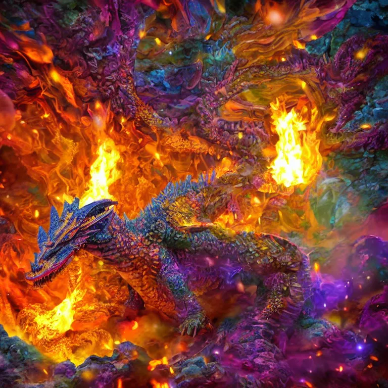 Image similar to a 3d artistic photo of a cave dragon blowing fire using its mouth to the sparkly colorful crystals in the cave