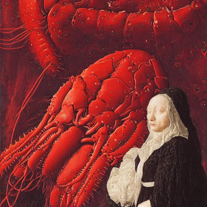 Image similar to a closeup portrait of a cloaked woman floating next to a lobster nebula, lobster nebula, by jan van eyck