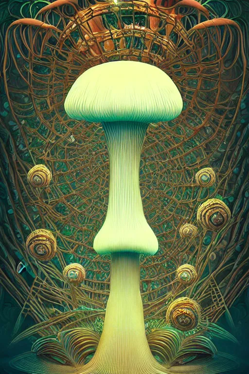 Image similar to anthropomorphic mushroom carnival attractions portrait, Art Deco nature, fantasy, intricate art deco mushroom designs, elegant, highly detailed fractals, sharp focus, fractal big top, art by Artgerm and beeple and Greg Rutkowski and WLOP
