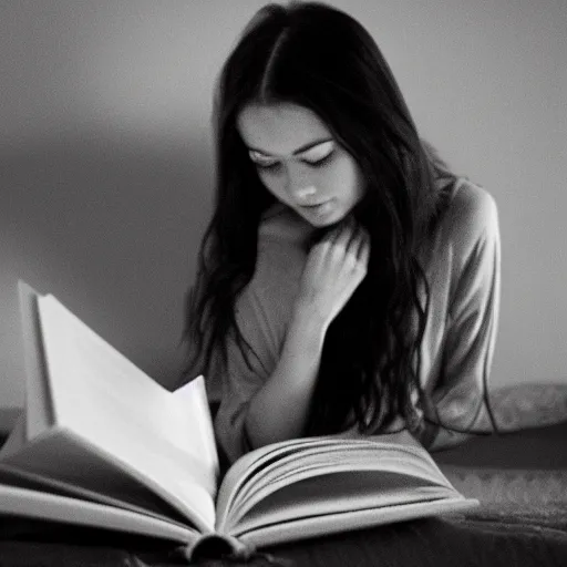 Prompt: 85mm beautiful girl reading a book, hair flowing down, by Emmanuel Lubezki