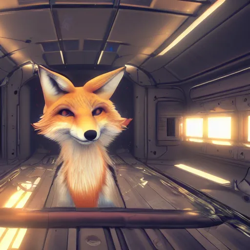 Image similar to a vintage photography of a kitsune fox inside a spaceship, realistic unreal engine 5