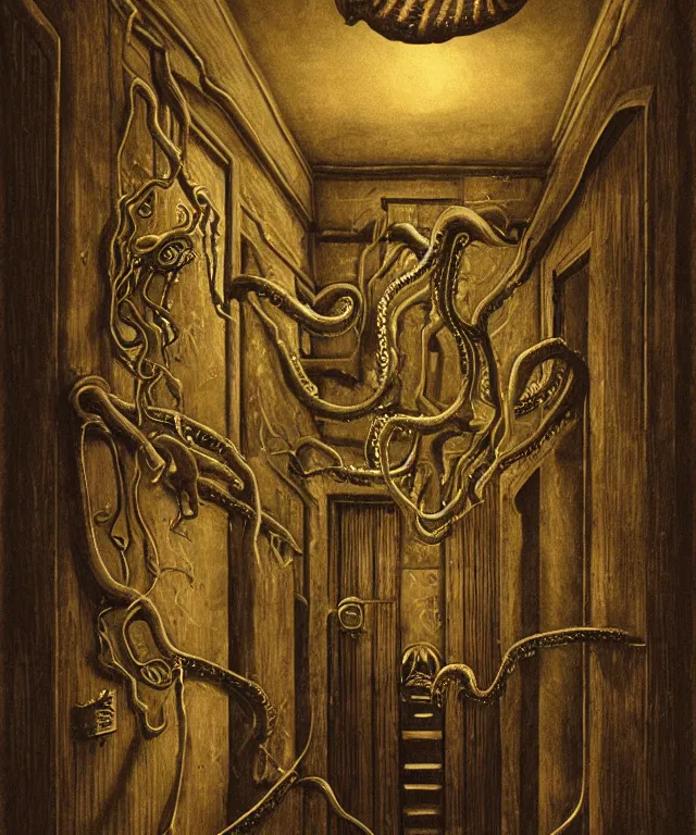 Prompt: horrifying photorealistic painting of a 1 9 2 5 hotel elevator lobby with teeth instead of elevator doors, opening sideways with a tentacle licking out, dark, atmospheric, brooding, smooth, finely detailed, cinematic, epic, lovecraft, in the style of larry elmore