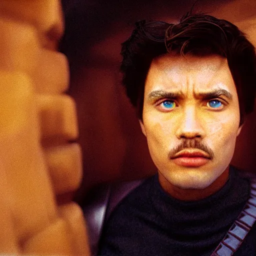 Prompt: Jodorowky's Dune movie, Paul Atreides, wide angle, face in focus, symmetrical face, symmetrical eyes, cinematic, cinestill 400t film