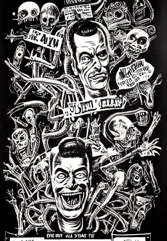 Image similar to subgenius, x - day, aliens, weird stuff, occult stuff, devil stuff, vintage, stained paper, hyperrealism, stage lighting