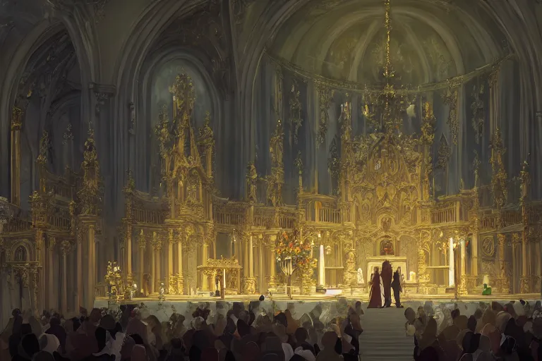 Image similar to an ornate baroque church, wedding party in front, scene in an open field. key visual, conceptart, ambient lighting, highly detailed, digital painting, artstation, concept art, sharp focus, by makoto shinkai and akihiko yoshida and greg manchess