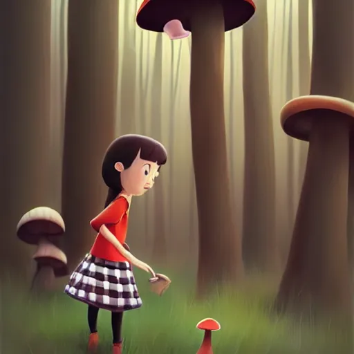 Image similar to goro fujita ilustration brunette girl in a checkered suit, picking mushrooms in the forest, painting by goro fujita, sharp focus, highly detailed, artstation