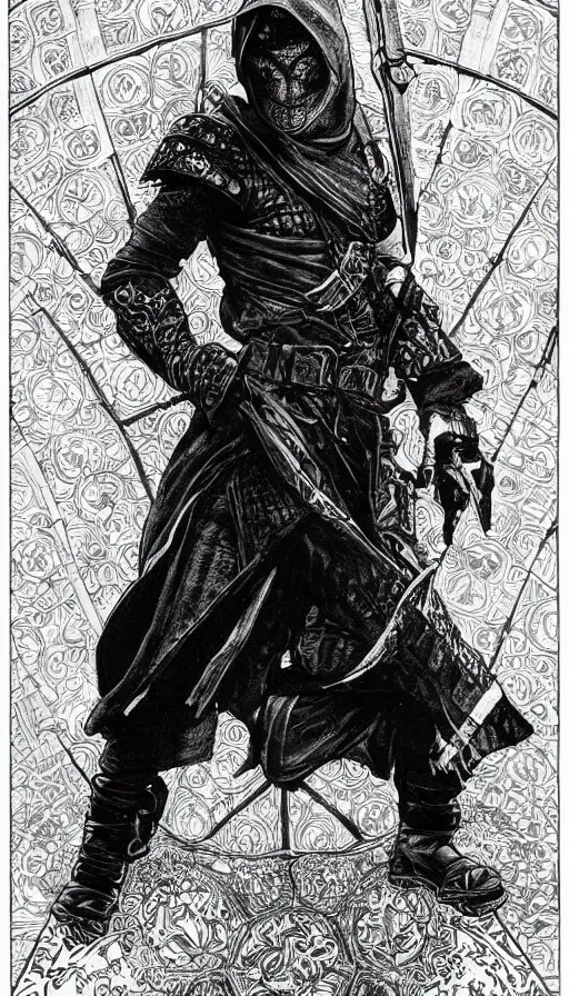 Image similar to a black and white ink fine ink drawing of a thief, from of thrones, in leather armor, fibonacci, sweat drops, intricate fashion clothing, concept art, smooth, sharp focus, illustration, art by alphonse mucha and travis charest