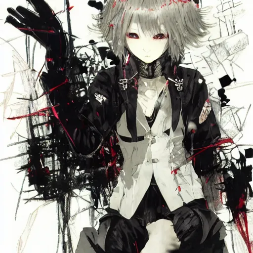 Prompt: cute japanese girl with small horns, sharp and pointy vampire teeth, dressed in an old white coat, praying on the floor of a destroyed church, with her eyes and mouth closed and an evil smile, full body, complex artwork by Yoji Shinkawa