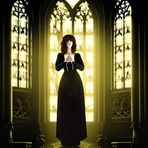 Prompt: a photograph of mary elizabeth winstead as a vampire in a gothic cathedral at night, gloomy, horror, photograph by artgerm and alphonse mucha and ross tran and greg rutkowski.