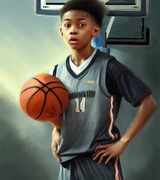 Image similar to portrait of a boy at a basketball court playing basketball wearing a tracksuit jacket in a basketball court standing near the basketball hoop, intense emotion, detailed facial expression, detailed surroundings, intricate, elegant, highly detailed, centered, digital painting, artstation, concept art, smooth, sharp focus, illustration, by (Peter Mohrbacher), WLOP