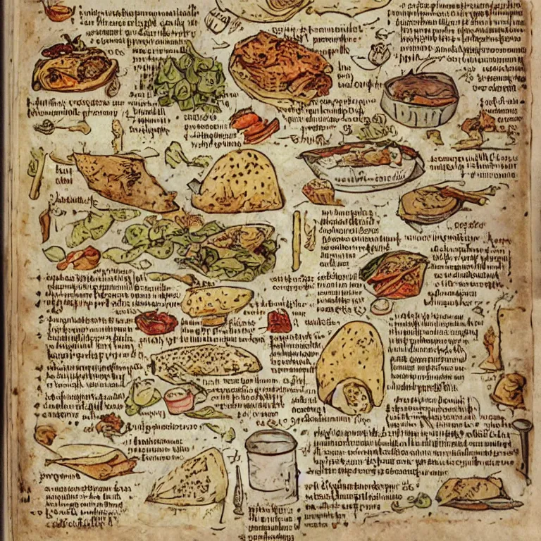 Image similar to middle age illustrated recipe for burrito ( ( ( ( burrito ) ) ) ) lot of medieval enluminures in the background explaining the recipe, schematic in a notebook