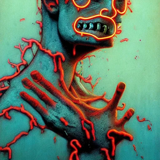 Image similar to bart simpson nightmare by beksinski and tristan eaton, neon trimmed beautiful dystopian digital art