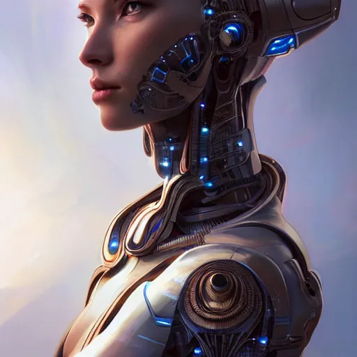 Prompt: a portait of anthropomorphic artificial intelligence, female, machine, intricate, highly detailed, digital painting, artstation, concept art, smooth, sharp focus, illustration, unreal engine 5, 8 k, art by artgerm and greg rutkowski and alphonse mucha