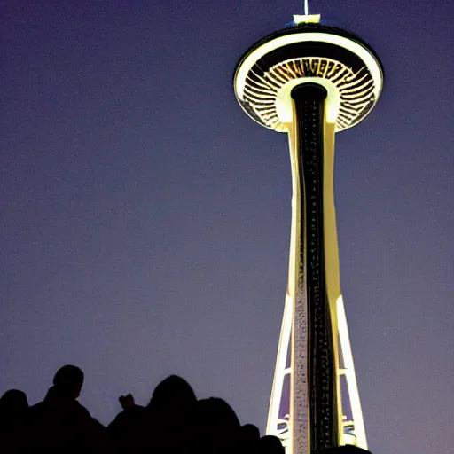 Image similar to Toronto space needle tourist guide with planet mars as a head, dramatic cinematic lighting