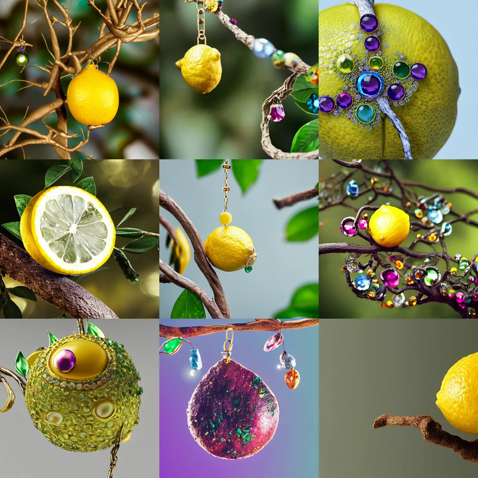 Prompt: a mouldy lemon made of jewels gemstones precious metals, on a branch, trending on artstation, colorful, intricate, by kathleen ryan, photorealistic, unreal 5 engine, dlsr, bokeh