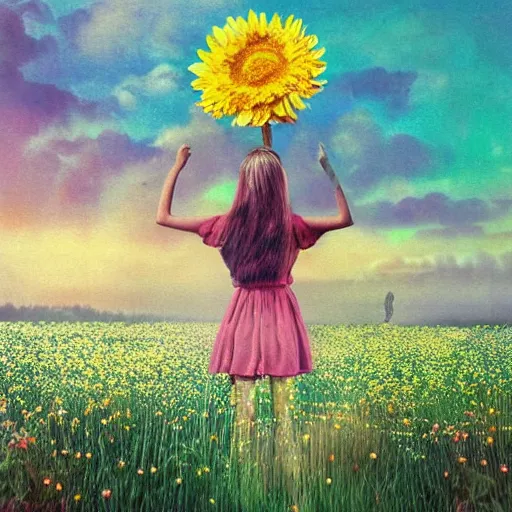 Image similar to giant daisy flower head, portrait of girl in flower field, holding daisy, surreal photography, sunrise, impressionist painting, colorful clouds, digital painting, artstation, simon stalenhag, flower face