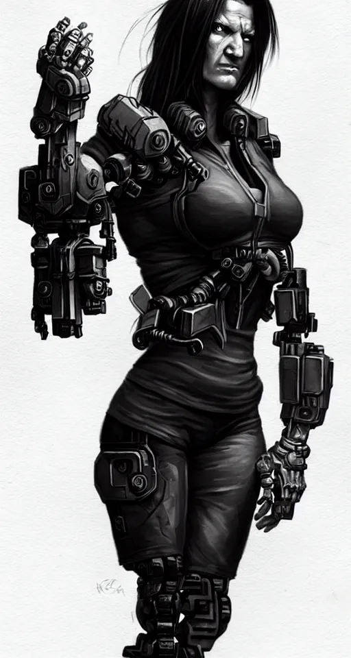 Image similar to gina carano as an ork with robotic left arm, casual black clothing, muscular, realistic proportions, casual pose, large portrait, cyberpunk, shadowrun, rpg character, digital painting, artstation, concept art, smooth, 8 k frostbite 3 engine, ultra detailed, art by artgerm and greg rutkowski and magali villeneuve