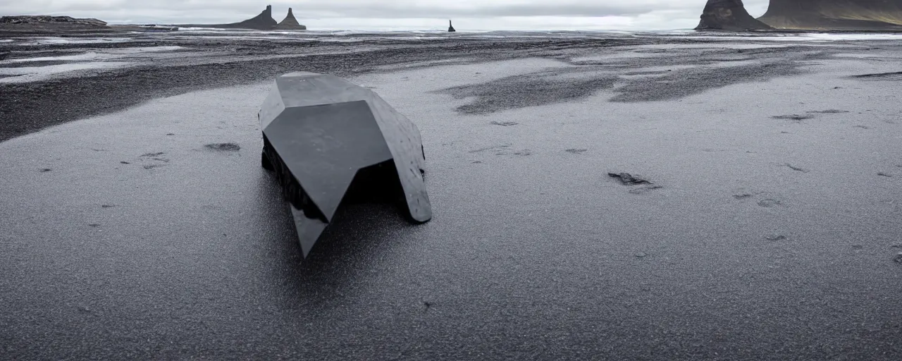 Prompt: low angle cinematic shot of giant futuristic mech in the middle of an endless black sand beach in iceland with icebergs in the distance,, 2 8 mm