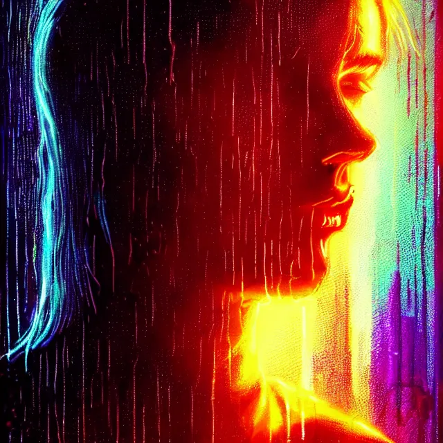 Image similar to bright aesthetic portrait LSD glowing backlit rain on face and wet hair, cyberpunk, overhead lighting, fantasy, intricate, elegant, dramatic lighting, highly detailed, lifelike, photorealistic, digital painting, artstation, illustration, concept art, smooth, sharp focus, art by John Collier and Albert Aublet and Krenz Cushart and Artem Demura and Alphonse Mucha