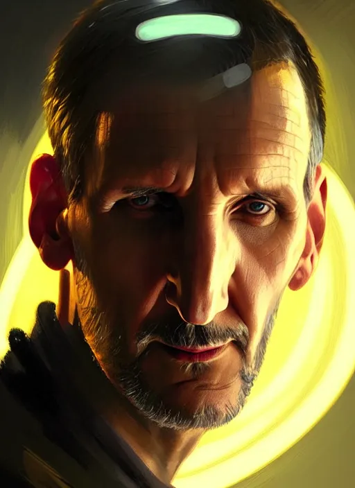 Image similar to portrait of christopher eccleston, intricate, elegant, glowing lights, highly detailed, digital painting, artstation, concept art, smooth, sharp focus, illustration, art by wlop, mars ravelo and greg rutkowski