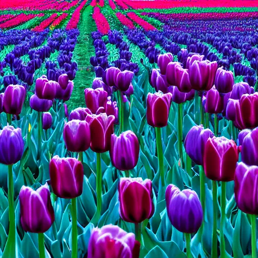 Prompt: A 4k photo of a field of tulips, blue skies, high contrast, early morning