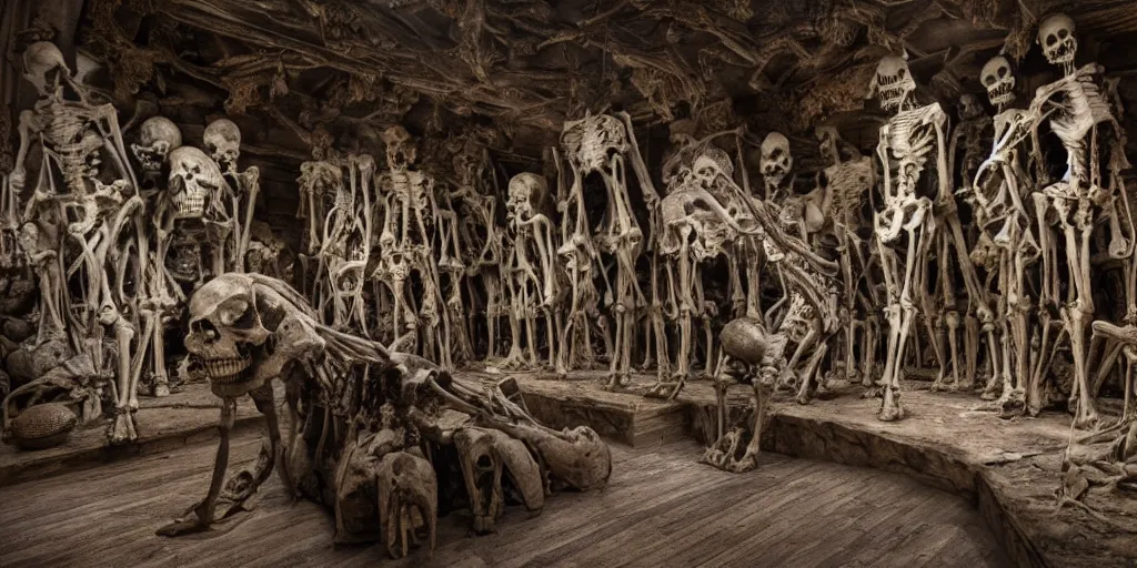 Image similar to a big room in a museum of skeletons, photorealistic, highly detailed, texture, gustave dore, 3 d sculpture, soft light, dramatic, moody, scary, ambient, hall,