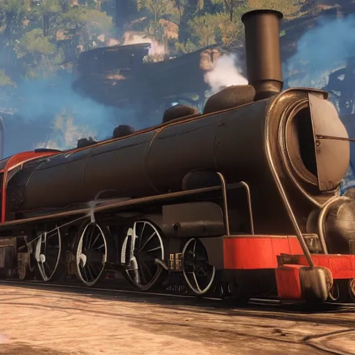 Image similar to futuristic sleek steam locomotive in red dead redemption 2