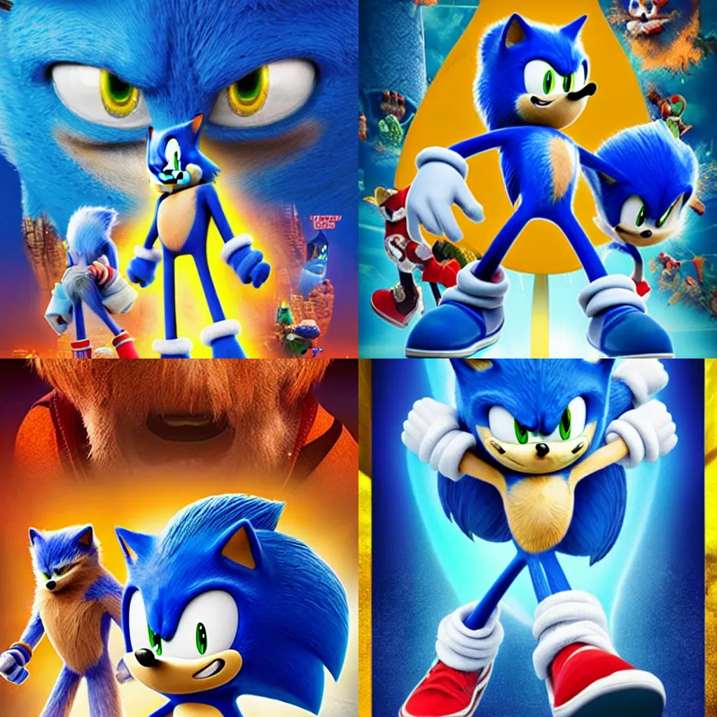 Prompt: ugly sonic movie poster