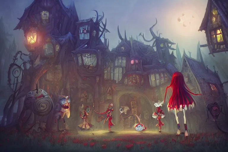 Image similar to scary village, american mcgee's alice, sharp focus, artstation, trending, by julie dillon, luis melo, tyler miles lockett, lei jin, hong lei, ken wong, adam narozanski, joy ang