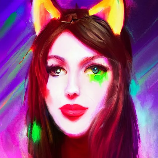 Prompt: woman with cat ears at a rave, expressive oil painting, dance, digital art, beautiful lighting, vivid, trending on artstation