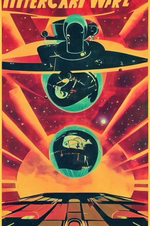 Image similar to poster of intergalactic war, 1 9 5 0 s style, futuristic design, dark, symmetrical, washed out color, centered, art deco, 1 9 5 0's futuristic, glowing highlights, intense